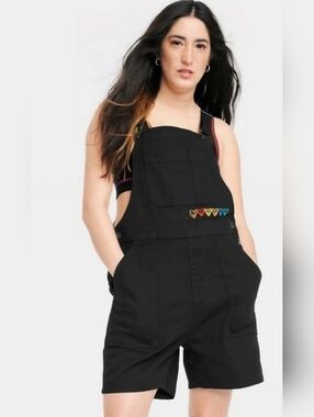Pride Black Women's Short Overalls with Rainbow Heart Detail Size XS